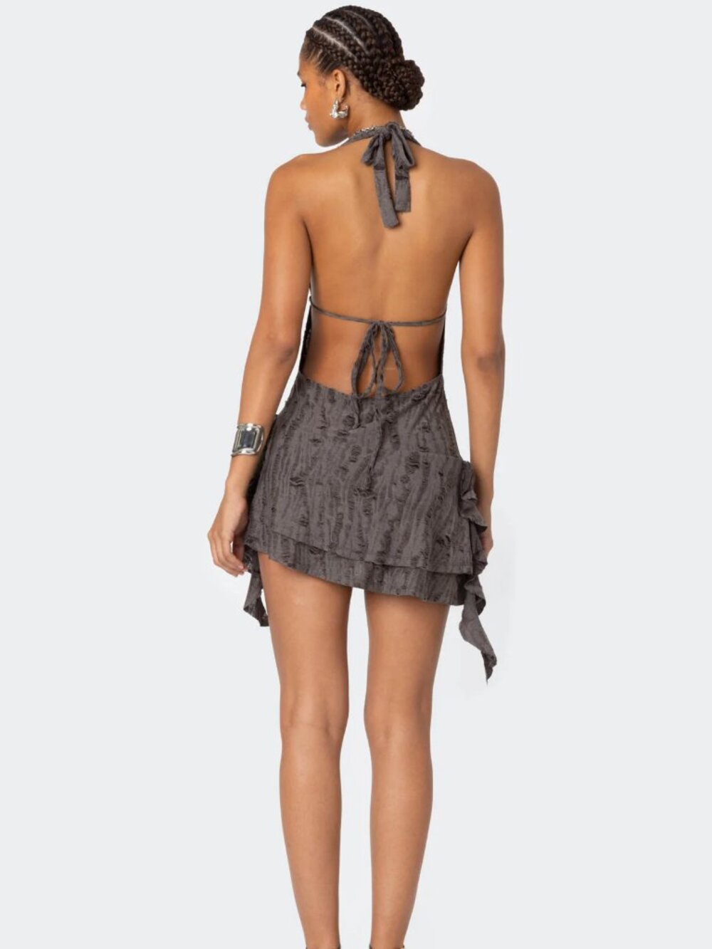 NWT Edikted Shredded Backless Halter Mini Dress Brown Size S